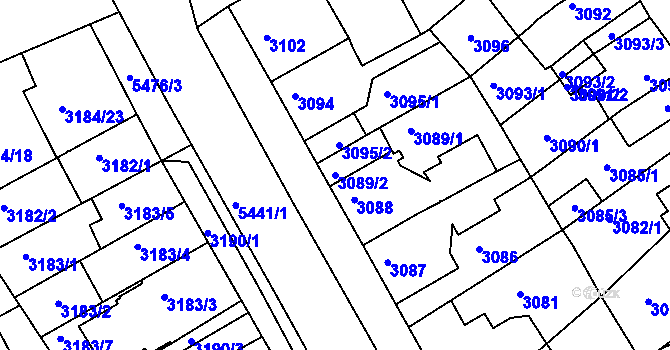 Parcela st. 3089/2 v KÚ Znojmo-město, Katastrální mapa