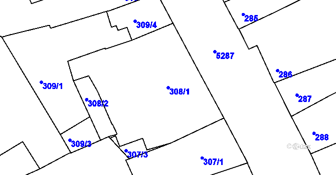 Parcela st. 308/1 v KÚ Znojmo-město, Katastrální mapa