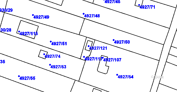 Parcela st. 4927/121 v KÚ Znojmo-město, Katastrální mapa