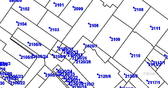 Parcela st. 2120/7 v KÚ Znojmo-město, Katastrální mapa