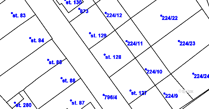Parcela st. 128 v KÚ Znojmo-Hradiště, Katastrální mapa