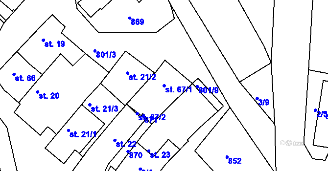 Parcela st. 67/1 v KÚ Znojmo-Hradiště, Katastrální mapa