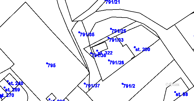 Parcela st. 322 v KÚ Znojmo-Hradiště, Katastrální mapa