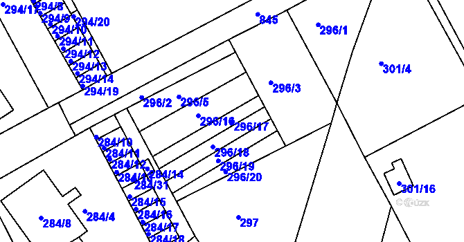Parcela st. 296/17 v KÚ Znojmo-Louka, Katastrální mapa
