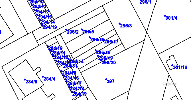 Parcela st. 296/18 v KÚ Znojmo-Louka, Katastrální mapa