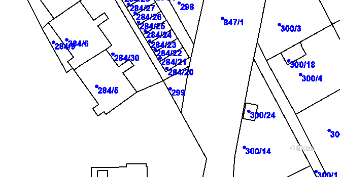 Parcela st. 299 v KÚ Znojmo-Louka, Katastrální mapa