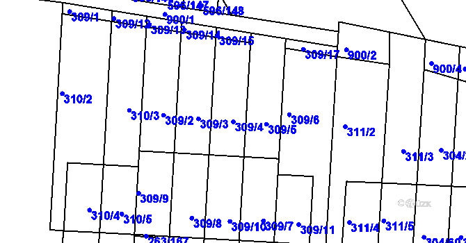 Parcela st. 309/4 v KÚ Znojmo-Louka, Katastrální mapa