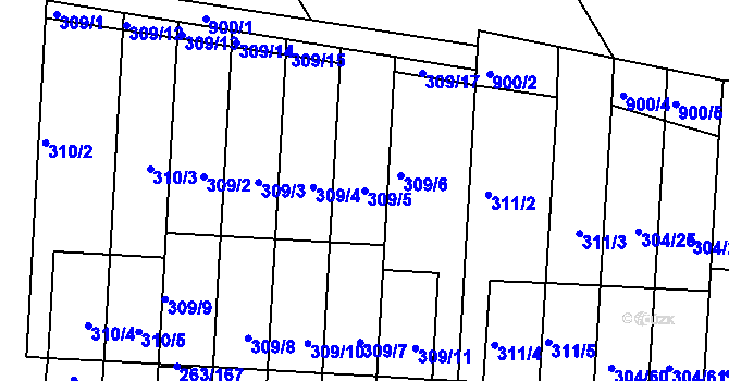 Parcela st. 309/5 v KÚ Znojmo-Louka, Katastrální mapa