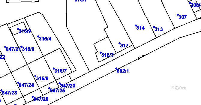 Parcela st. 316/3 v KÚ Znojmo-Louka, Katastrální mapa