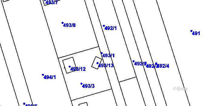 Parcela st. 493/1 v KÚ Znojmo-Louka, Katastrální mapa