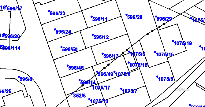 Parcela st. 596/13 v KÚ Znojmo-Louka, Katastrální mapa