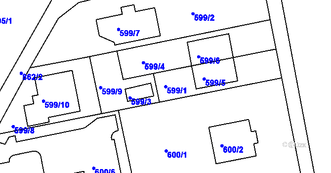 Parcela st. 599/1 v KÚ Znojmo-Louka, Katastrální mapa