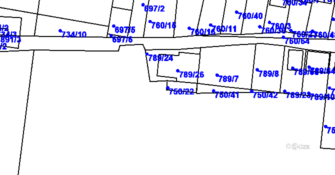 Parcela st. 750/22 v KÚ Znojmo-Louka, Katastrální mapa