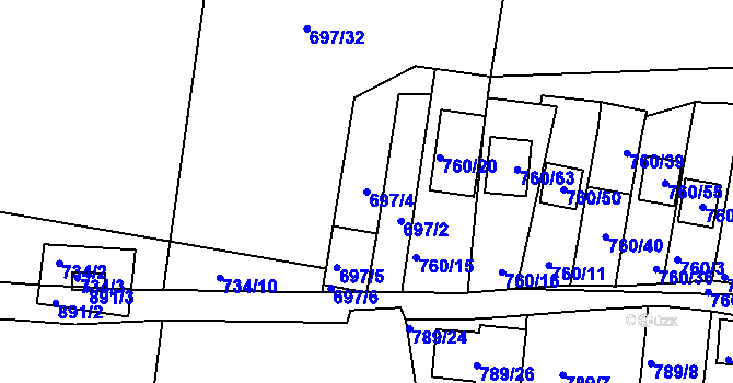 Parcela st. 697/4 v KÚ Znojmo-Louka, Katastrální mapa