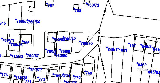 Parcela st. 760/70 v KÚ Znojmo-Louka, Katastrální mapa