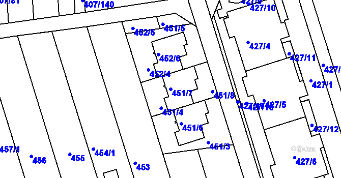 Parcela st. 451/7 v KÚ Znojmo-Louka, Katastrální mapa