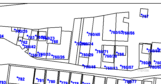 Parcela st. 760/74 v KÚ Znojmo-Louka, Katastrální mapa