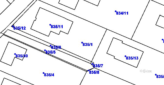 Parcela st. 835/1 v KÚ Zruč, Katastrální mapa