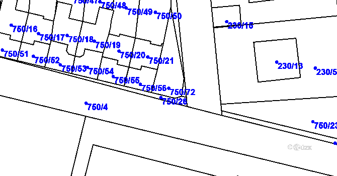 Parcela st. 750/72 v KÚ Zruč, Katastrální mapa