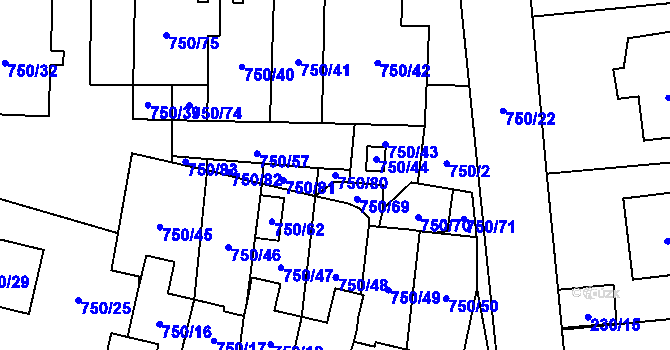 Parcela st. 750/80 v KÚ Zruč, Katastrální mapa