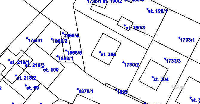 Parcela st. 305 v KÚ Nesměřice, Katastrální mapa