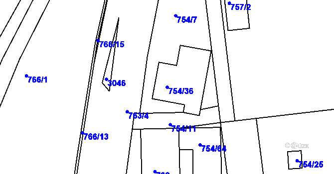 Parcela st. 754/36 v KÚ Zruč nad Sázavou, Katastrální mapa