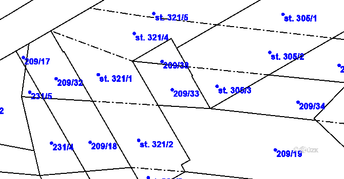 Parcela st. 209/33 v KÚ Zvánovice, Katastrální mapa