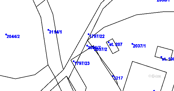 Parcela st. 2036/7 v KÚ Zvíkov u Lišova, Katastrální mapa
