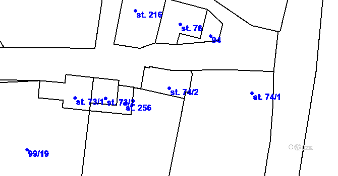 Parcela st. 74/2 v KÚ Zvíkovec, Katastrální mapa