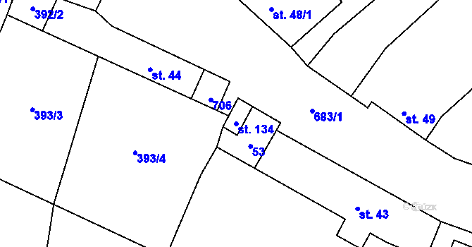 Parcela st. 134 v KÚ Zvíkovec, Katastrální mapa