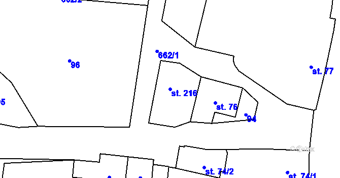 Parcela st. 216 v KÚ Zvíkovec, Katastrální mapa