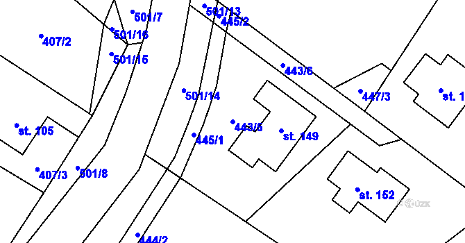 Parcela st. 443/5 v KÚ Zvířetice, Katastrální mapa