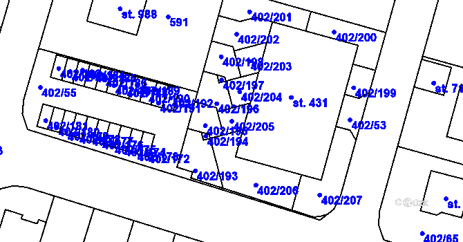 Parcela st. 402/205 v KÚ Zvole u Prahy, Katastrální mapa