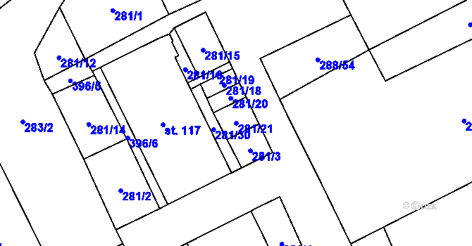 Parcela st. 281/21 v KÚ Zvoleněves, Katastrální mapa