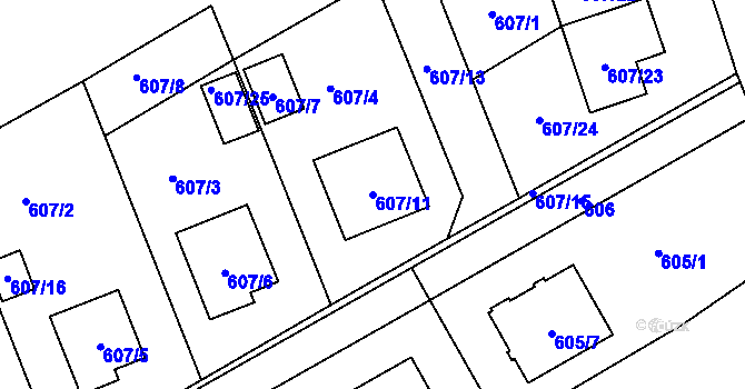 Parcela st. 607/11 v KÚ Žabeň, Katastrální mapa