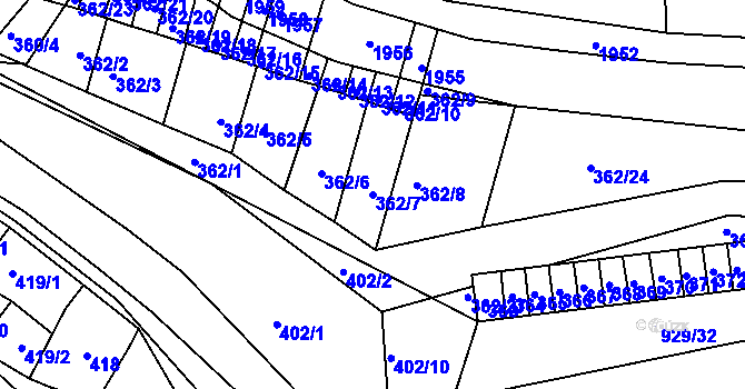 Parcela st. 362/7 v KÚ Žádovice, Katastrální mapa