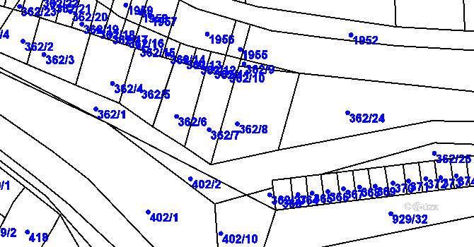 Parcela st. 362/8 v KÚ Žádovice, Katastrální mapa