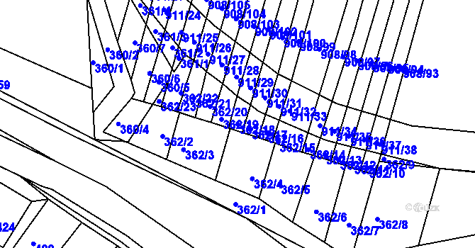 Parcela st. 362/18 v KÚ Žádovice, Katastrální mapa