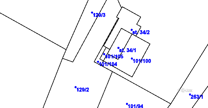 Parcela st. 101/105 v KÚ Žáky, Katastrální mapa