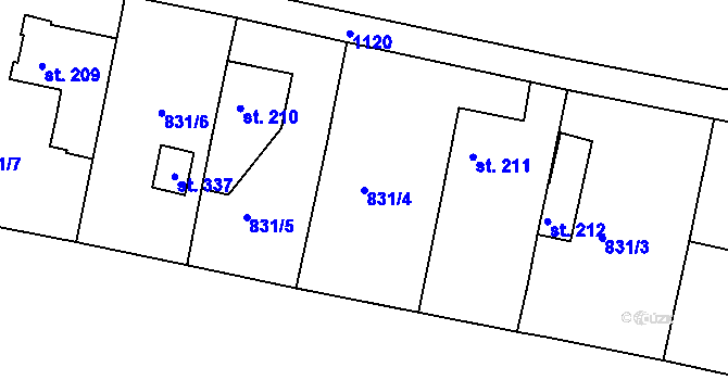Parcela st. 831/4 v KÚ Žalany, Katastrální mapa