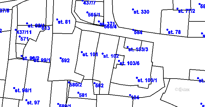 Parcela st. 102 v KÚ Žalkovice, Katastrální mapa