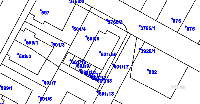Parcela st. 601/14 v KÚ Žamberk, Katastrální mapa