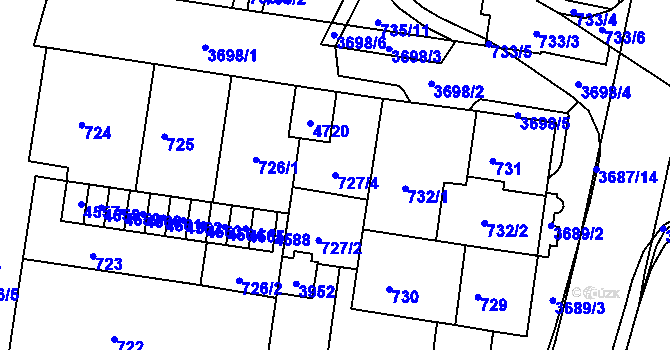 Parcela st. 727/4 v KÚ Žamberk, Katastrální mapa