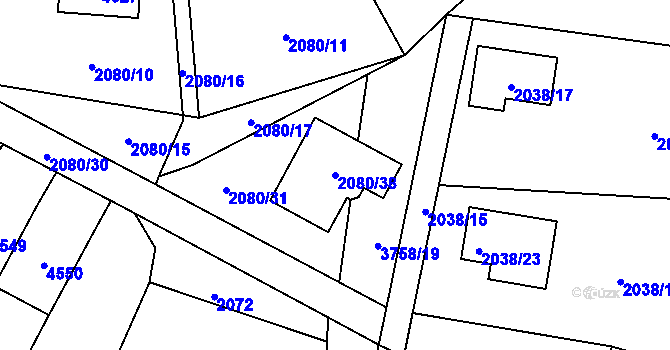 Parcela st. 2080/38 v KÚ Žamberk, Katastrální mapa