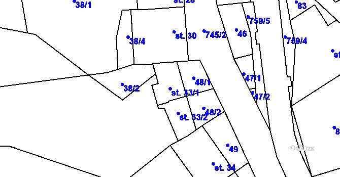 Parcela st. 33/1 v KÚ Hamry, Katastrální mapa