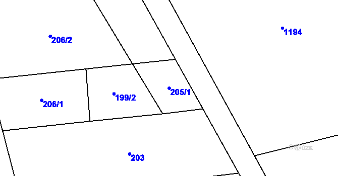 Parcela st. 205/1 v KÚ Hamry, Katastrální mapa