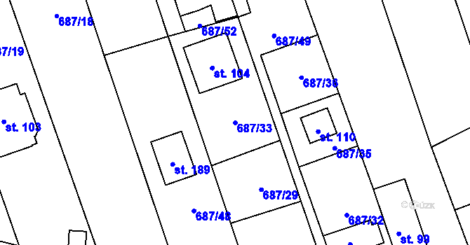 Parcela st. 687/33 v KÚ Hamry, Katastrální mapa