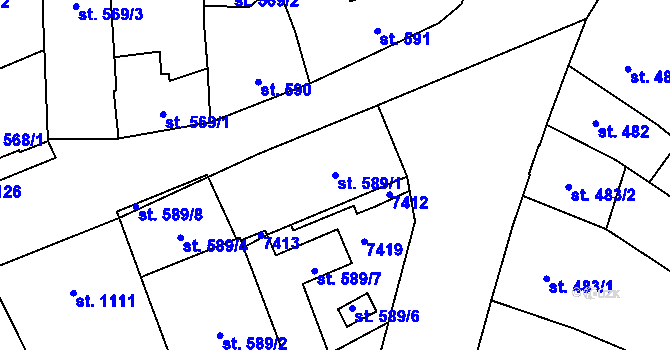 Parcela st. 589/1 v KÚ Žatec, Katastrální mapa