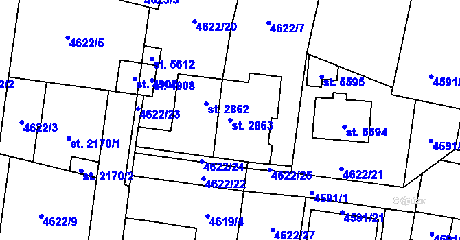 Parcela st. 2863 v KÚ Žatec, Katastrální mapa