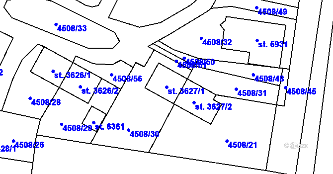 Parcela st. 3627/1 v KÚ Žatec, Katastrální mapa